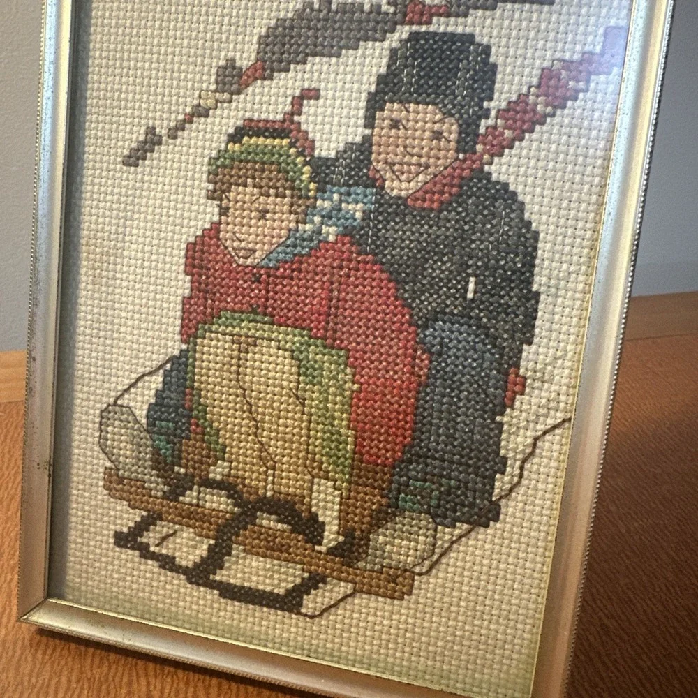 Vtg Crossstitch In Gold Grame Winter Holiday Sledding